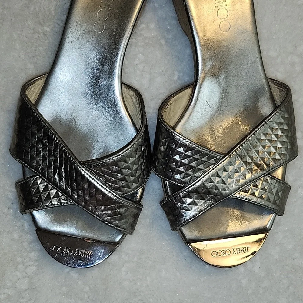 Jimmy Choo Silver Metallic Embossed Leather Panna Cork Slides Size 37.5